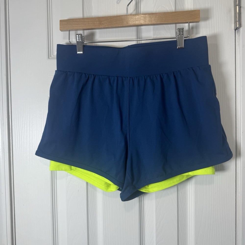 Fabletics Olesia Womens Lined Blue/Yellow Compression Running Shorts Sz L Large